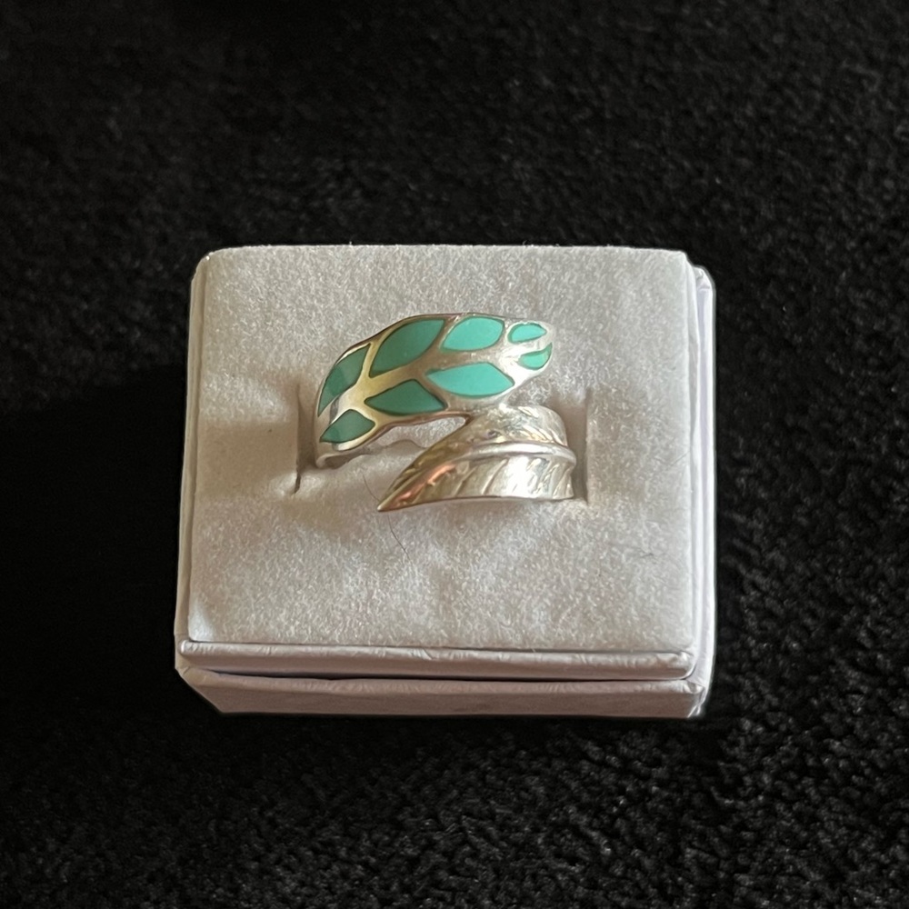 Sterling silver 925 and turquoise wrapped feather ring size 9